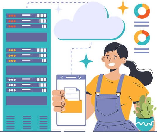 Chica obteniendo carpeta del servidor en la nube  Ilustración