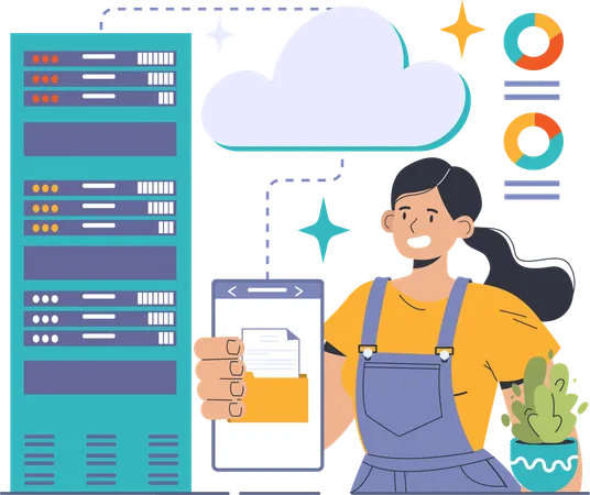 Chica obteniendo carpeta del servidor en la nube  Ilustración