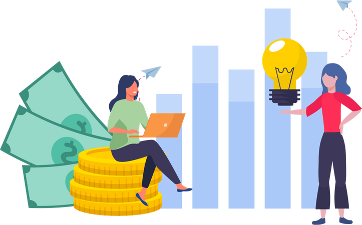 Chica obteniendo idea de inversión empresarial  Ilustración