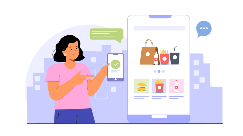 Chica ordenando comida en línea mientras muestra un mensaje de pago exitoso  Ilustración