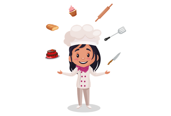 Chica de panadería con herramientas de panadería  Ilustración