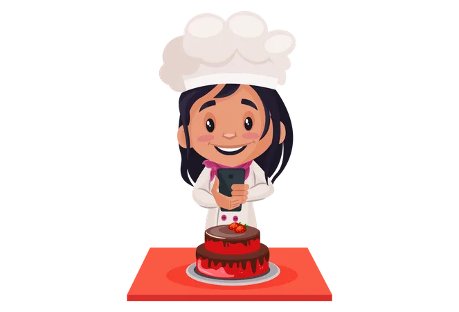 Chica de panadería poniendo ingredientes en el pastel  Ilustración