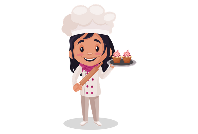 Chica de panadería sosteniendo cup cakes  Ilustración