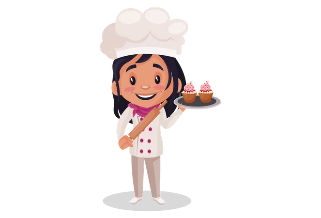 Chica de panadería sosteniendo cup cakes  Ilustración