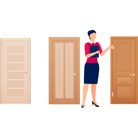 Chica parada al lado de las puertas del apartamento  Ilustración