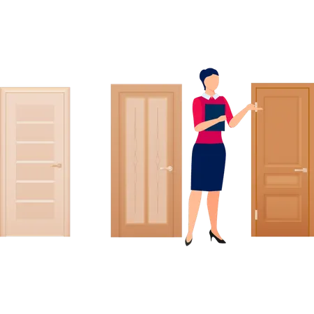 Chica parada al lado de las puertas del apartamento  Ilustración