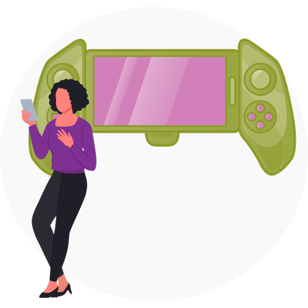 Chica parada cerca del control remoto de un videojuego  Ilustración