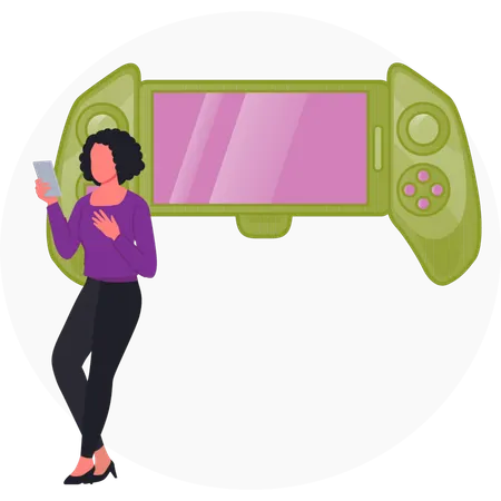 Chica parada cerca del control remoto de un videojuego  Ilustración