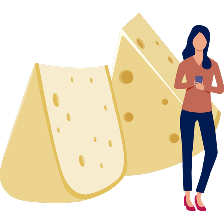 Chica parada cerca de una rebanada de queso usando el móvil  Ilustración