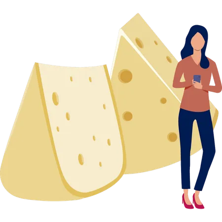 Chica parada cerca de una rebanada de queso usando el móvil  Ilustración