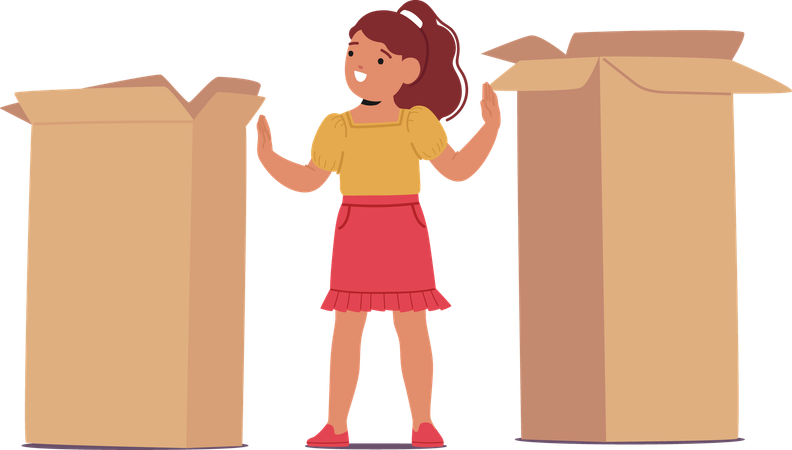 Niña parada entre cajas  Ilustración