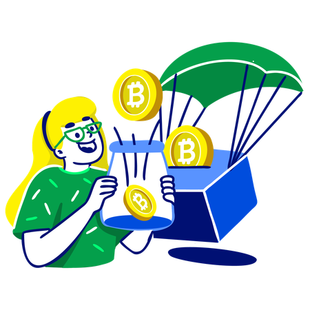 Niña participando en un airdrop de criptomonedas  Ilustración