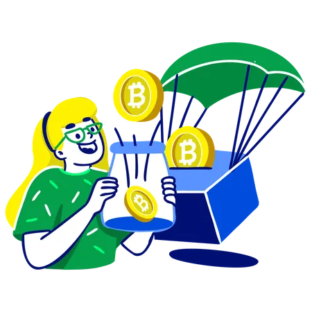 Niña participando en un airdrop de criptomonedas  Ilustración