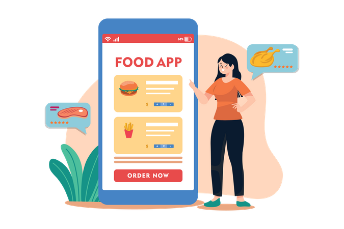 Girl Order Food desde la aplicación móvil  Ilustración