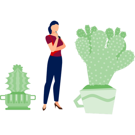 Chica pensando en la planta de cactus fer  Ilustración