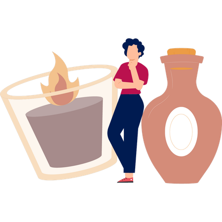 Chica pensando en una vela en un vaso  Ilustración