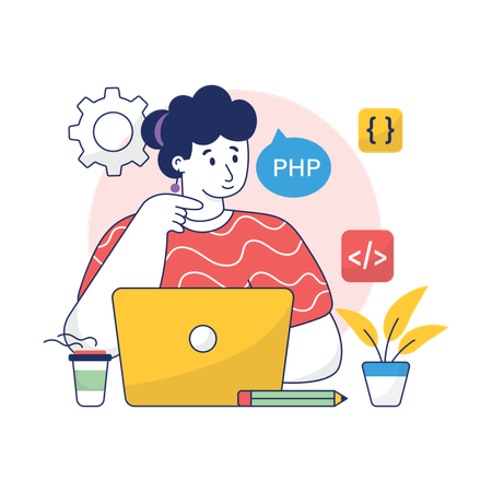 Chica desarrolladora de PHP trabajando en un proyecto  Ilustración