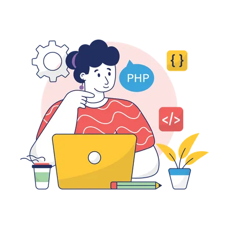 Chica desarrolladora de PHP trabajando en un proyecto  Ilustración