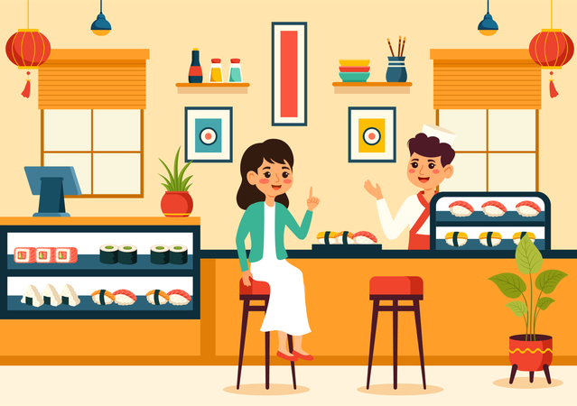 Chica pidiendo comida de sushi en el bar de sushi  Ilustración