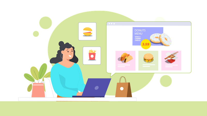 Chica pidiendo comida rápida desde un sitio web en línea  Ilustración