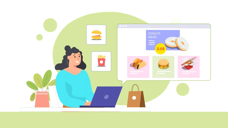 Chica pidiendo comida rápida desde un sitio web en línea  Ilustración