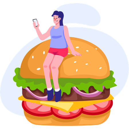 Chica pidiendo hamburguesa en la tienda online  Ilustración