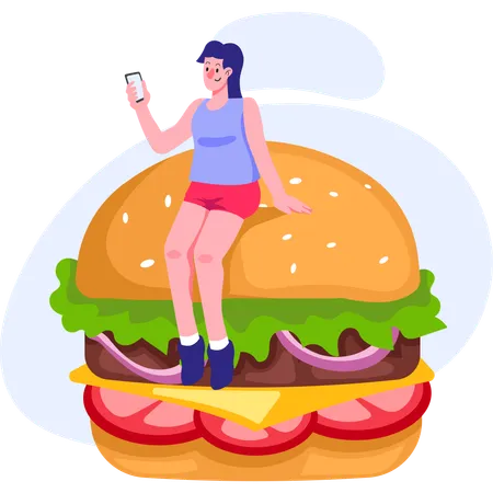 Chica pidiendo hamburguesa en la tienda online  Ilustración