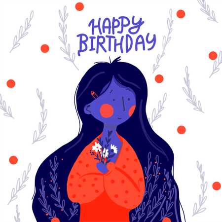 Chica plana de pelo largo con flores Saludos de feliz cumpleaños  Ilustración