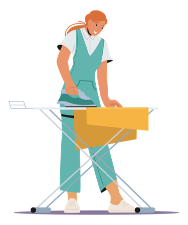Chica planchando ropa sobre una tabla de planchar  Ilustración