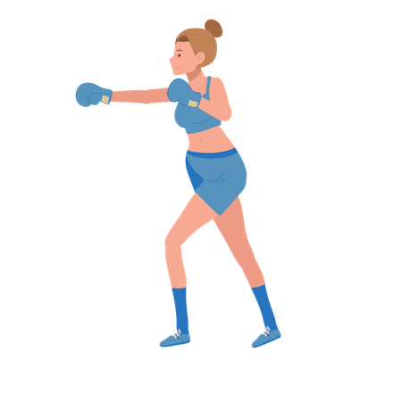 Poderosa boxeadora en sesión de entrenamiento en el gimnasio  Ilustración