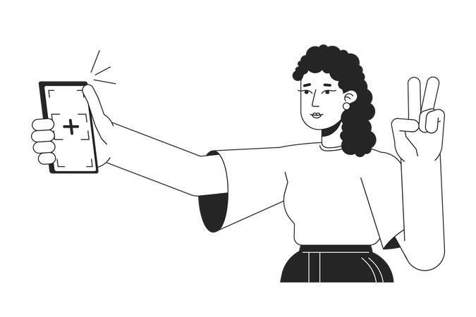 Chica posando para selfie con dedos de paz  Ilustración