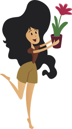 Chica positiva con planta de interior  Ilustración