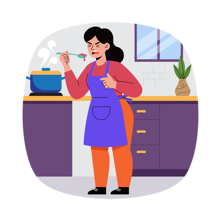 Chica probando comida picante  Ilustración