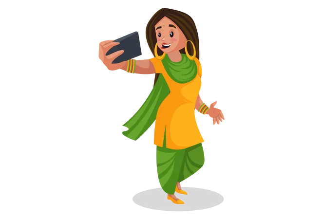 Chica punjabi tomando selfies en el móvil  Ilustración