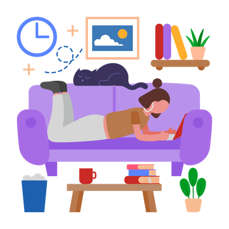 Chica trabaja de forma remota con comodidad  Ilustración