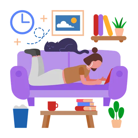 Chica trabaja de forma remota con comodidad  Ilustración