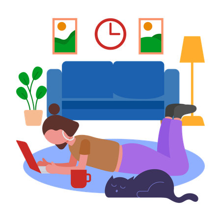 Chica que vive en un espacio de trabajo doméstico que admite mascotas  Ilustración