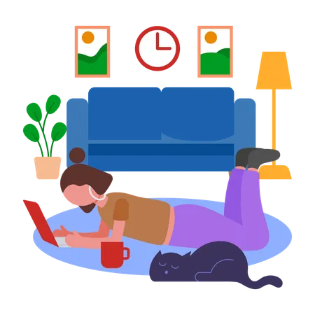 Chica que vive en un espacio de trabajo doméstico que admite mascotas  Ilustración