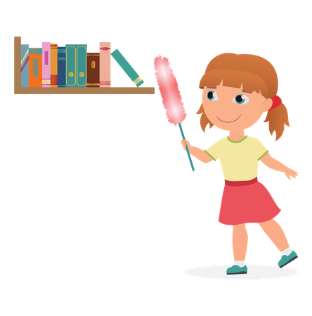 Chica quitando el polvo del estante de libros  Ilustración