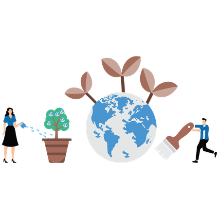 Niña regando una planta mientras un hombre cuida el planeta  Illustration