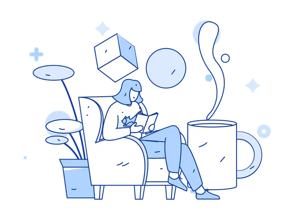 Chica relajándose con un café mientras lee un libro  Ilustración