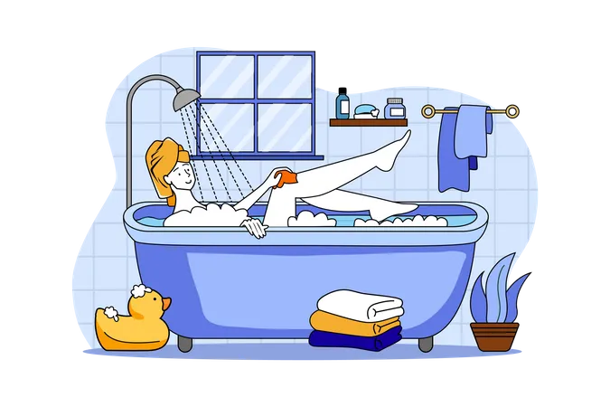 Niña relajándose en el baño durante la cuarentena  Ilustración