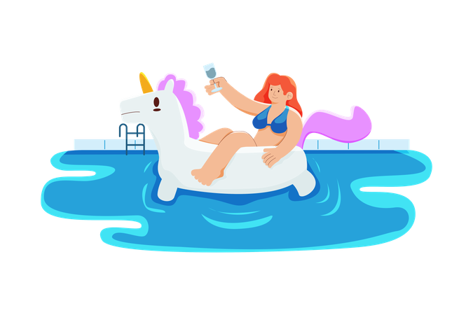 Chica relajándose en la piscina  Ilustración