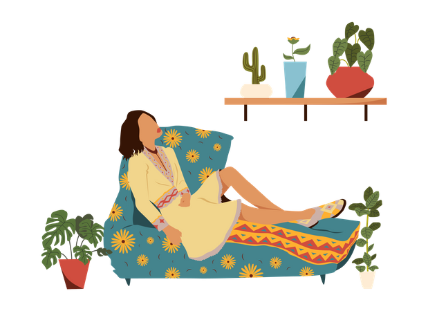 Chica relajándose en el sofá  Ilustración