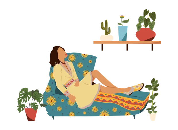 Chica relajándose en el sofá  Ilustración