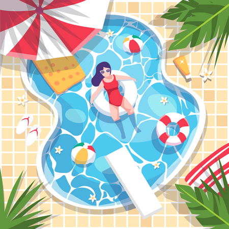 Chica relajándose en la piscina  Ilustración