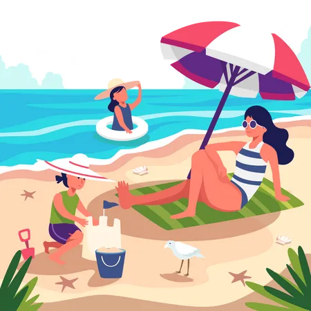 Chica relajándose en la playa  Ilustración