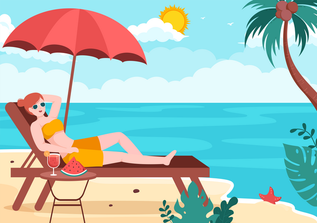 Chica relajándose en la playa  Ilustración