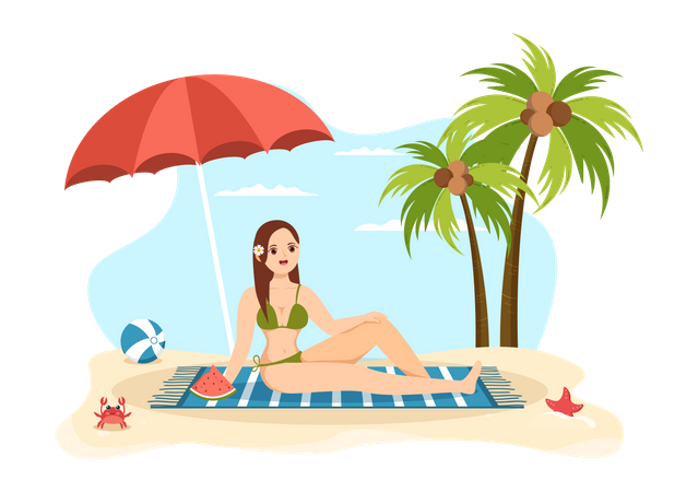 Chica relajándose en la playa  Ilustración