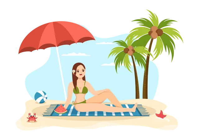 Chica relajándose en la playa  Ilustración